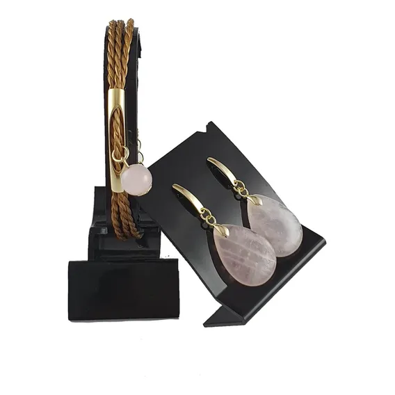 Kit: Brincos Gota Quartzo Rosa+ Pulseira De Capim Dourado Foto 1