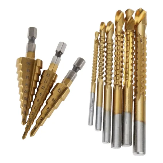Kit Brocas Corte Lateral E Escalonadas 9 Peças Hss Titânio Foto 1