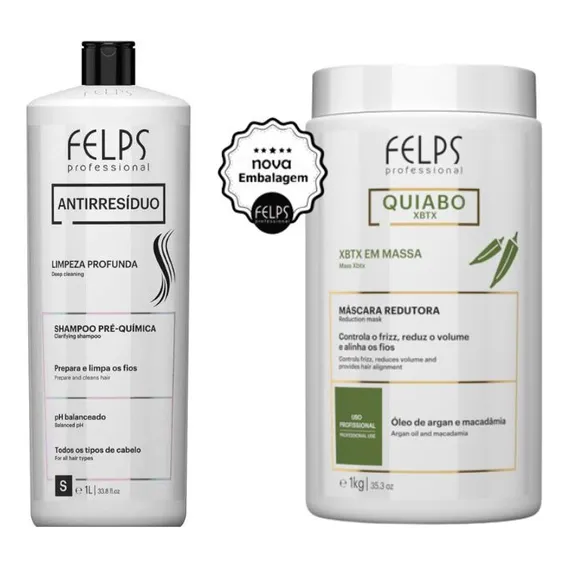 Kit Btox Massa Okra 1kg + Shampoo AntirresÃduos 1lt Felps Cor de cabelo todo tipo de cabelo Fragrância do tratamento suave Foto 1