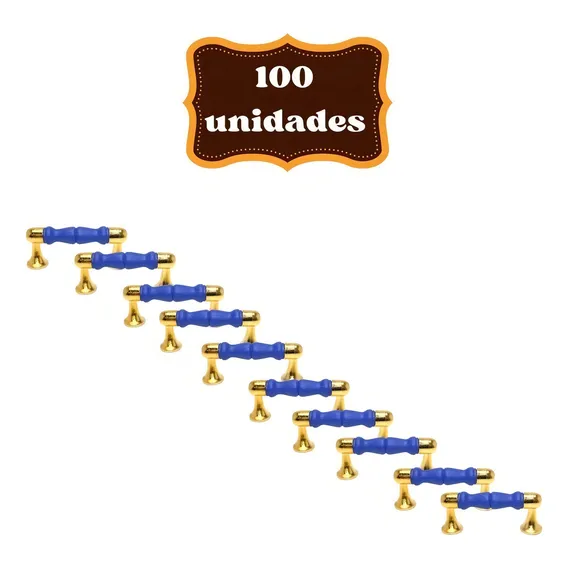 Kit C/ 100 Puxadores De Latinha Haste Dourado Várias Cores Cor Azul Foto 1