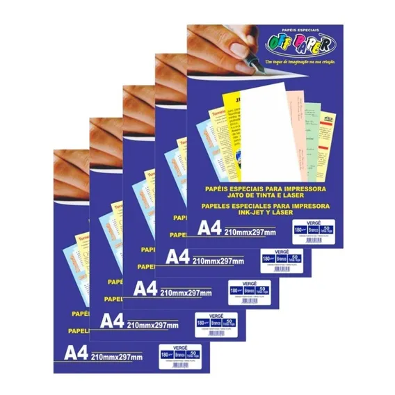 Kit C/ 5 Pct Papel Vergê A4 Branco 180g Off Paper 250 Folhas Foto 1