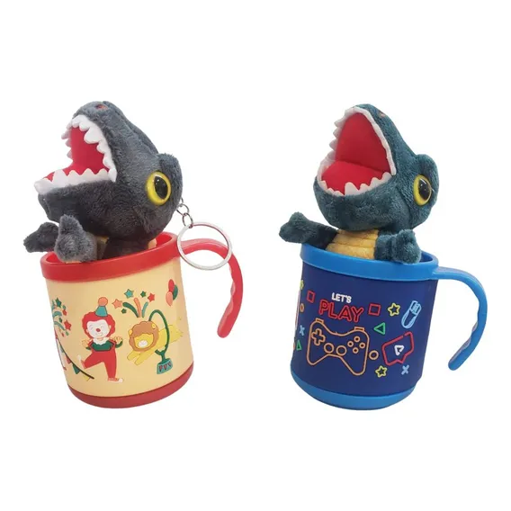 Kit C2 Canecas Infantil + 2 Chaveiro De Dinossauro Presente Foto 1