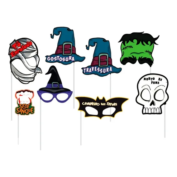 Kit C/8 Placas Divertidas Halloween Máscaras Papel Cartão Foto 1