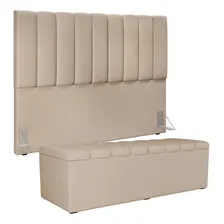 Kit Cabeceira 195cm Com Calçadeira Baú Dália Suede Bege Foto mini 1