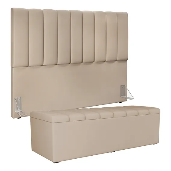 Kit Cabeceira 195cm Com Calçadeira Baú Dália Suede Bege Foto 1