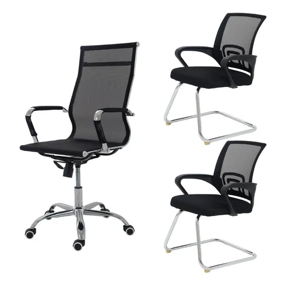Kit Cadeiras Escritorio Presidente Eames + 2 Fixas Tela Mesh Cor Preto Foto 1