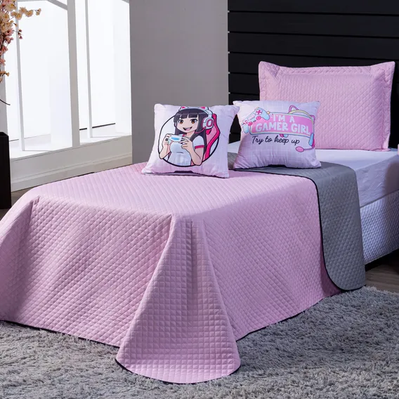 Kit Cama Colcha Girl Gamer Com Almofadas Solteiro 04 Peças Foto 1