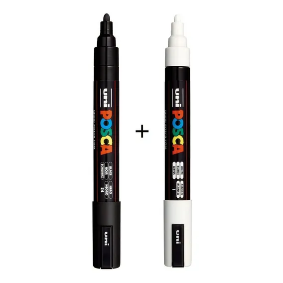Kit Caneta Pincel Marc. Preto E Branco Pc-5m 1.8-2.5mm Posca Foto 1