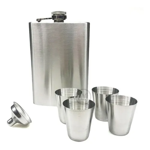 Kit Cantil De Bolso Whisky 6 Peças Aço Inox Funil 4 Copos Foto 1