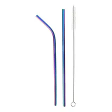 Kit Canudo Inox Reutilizável Reto Curvo Holográfico + Escova Foto mini 1
