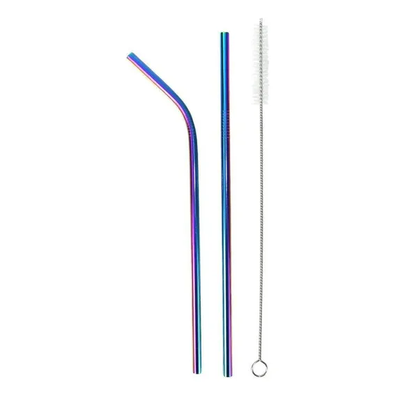 Kit Canudo Inox Reutilizável Reto Curvo Holográfico + Escova Foto 1