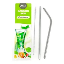 Kit Canudo Reutilizável Inox Reto E Curvo + Escova Limpeza Cor Prateado Foto mini 2