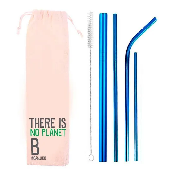 Kit Canudos Inox Coloridos 6 Em 1 - Canudos Reutilizáveis Cor Azul Foto 1