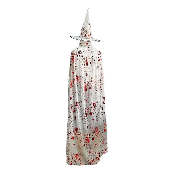 Kit Capa E Chapéu Branco Ensanguentado Halloween Bruxa Medo Foto 1