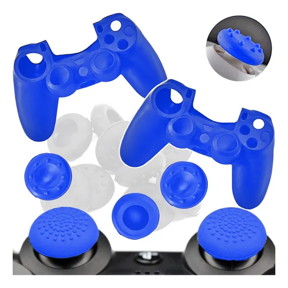 Kit Capa Silicone Controle Ps4 + Grips Anal贸gico+ Acess贸rios Cor Azul Foto 1