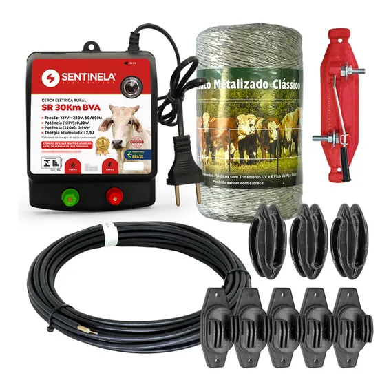 Kit Cerca Elétrica Rural Eletrificador Sr30 Sentinela, 250m Fio Eletroplastico, 25 Isolador W, 10 Castanha, 1 Chave Interruptor E 10m Fio Alta Tensão - Branco Foto 1