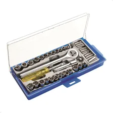 Kit Chave Catraca ReversĂvel + Jogo Soquete C/ Estojo 39 Pçs Cor Azul/Transparente Foto mini 1