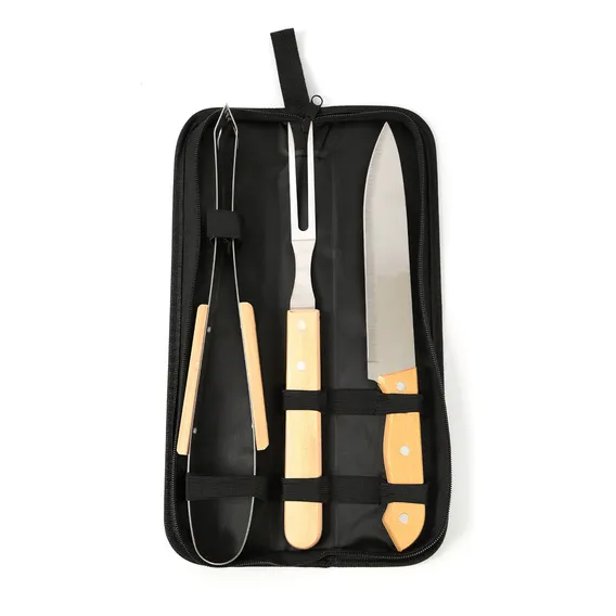 Kit Churrasco Aço Inox 3 Peças Cabo Madeira Com Bolsa Foto 1