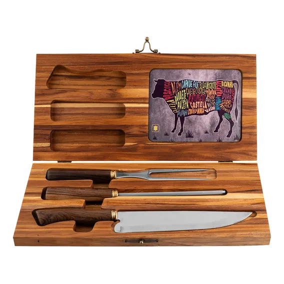 Kit Churrasco Completo Faca Garfo Chaira Com Estojo Madeira Foto 1