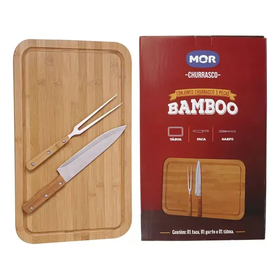 Kit Churrasco Cozinha Garfo Faca Tábua Bamboo 50x30 Mor 3pc Foto 1