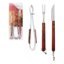 Kit Churrasco De Inox Com Faca 5,5'' Garfo E Pegador Foto mini 1