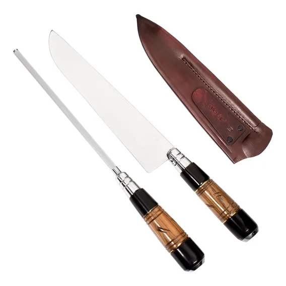 Kit Churrasco Faca Chaira Inox 10 Chifre Madeira Cutelaria Foto 1