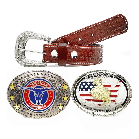 Kit Cinto Masculino Country Presente + 3 Fivelas Cowboy Luxo Cor Laranja Tamanho 90 Foto 1