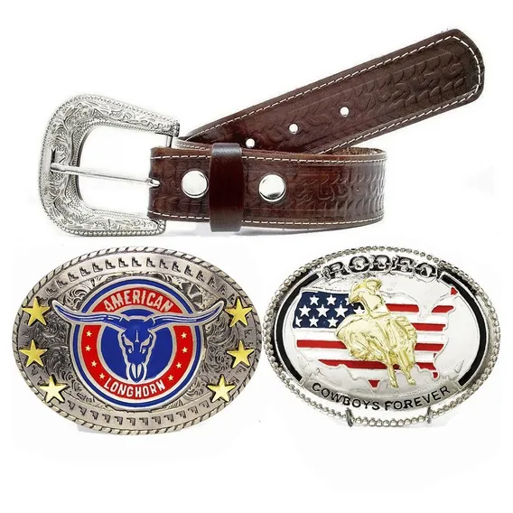 Kit Cinto Masculino Country Presente + 3 Fivelas Cowboy Luxo Cor Marrom Tamanho 115 Foto 1