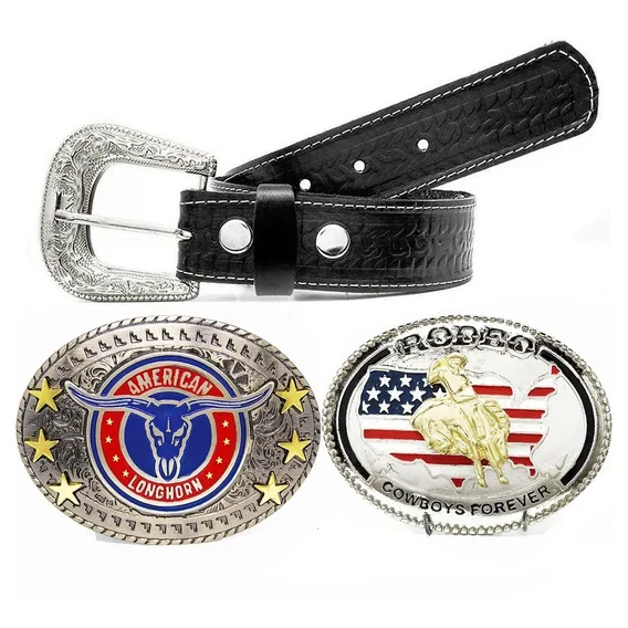 Kit Cinto Masculino Country Presente + 3 Fivelas Cowboy Luxo Cor Preto Tamanho 90 Foto 1
