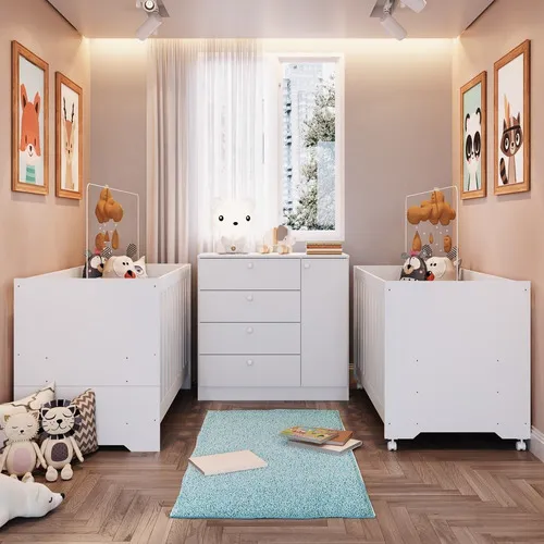 Kit CĂ´moda Sapateira Infantil Berço 3 Em 1 E Berço Com RodĂz Cor Branco Foto 1