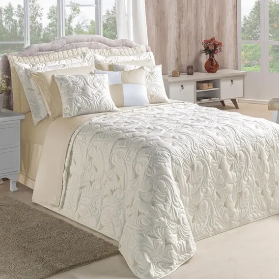 Kit Cobre Leito Bordado Melody Casal Queen 11 Pçs 180 Fios Cor Marfim Foto 1