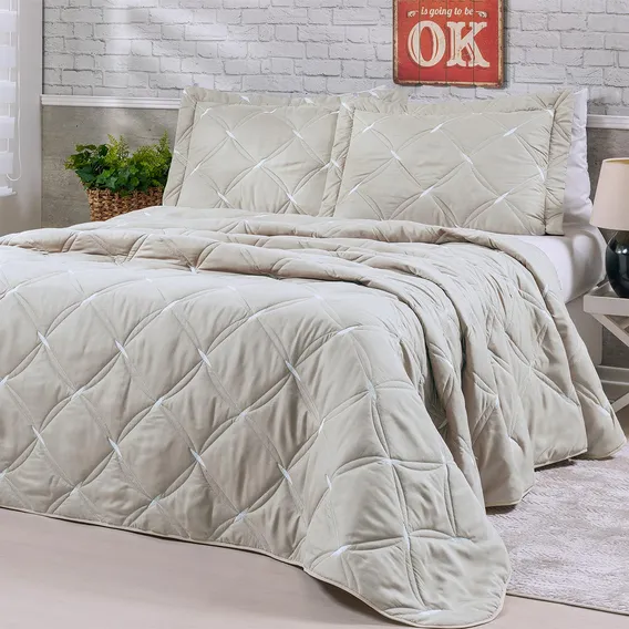 Kit Cobre Leito Cama Casal Queen Bordado Percal 200fios Bege Foto 1