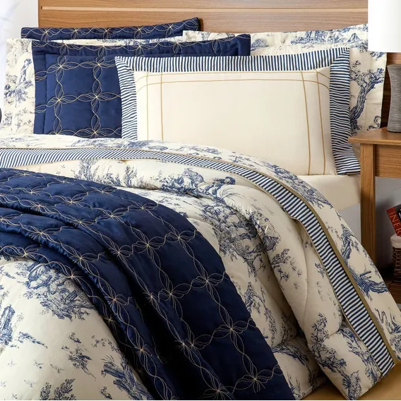 Kit Cobre Leito Queen + Jogo De Lençol Casal Porcelana 7 Pçs Cor Cobre Leito Azul + Lençol Palha Foto 1
