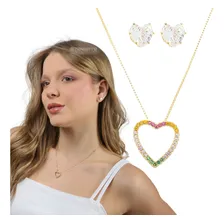 Kit Colar E Brincos Folheado Dourado Coração + Foto mini 1