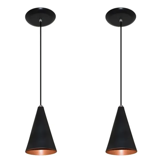 Kit Com 02 Luminarias Pendentes - Cores - Sala Quarto Estrutura Preto com Cobre 110V/220V Foto 1