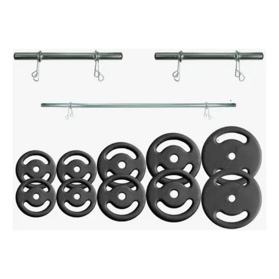 Kit Com 10 Anilhas De Ferro 2 Barras E 1 Oca Para Treinos Cor Prateado Foto 1
