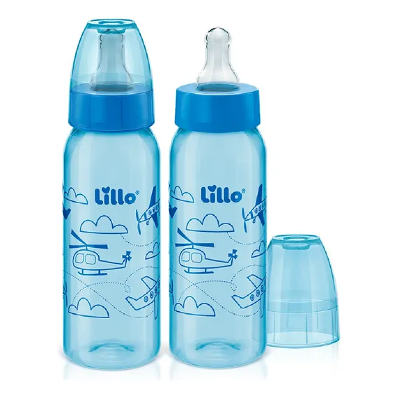 Kit com 2 mamadeiras divertidas 240ml bico 6m+ azul - Lillo Foto 1