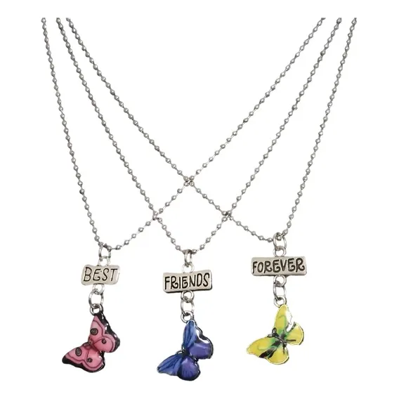 Kit Com 3 Colares Borboleta Melhores Amigas Best Friends Cor Azul Foto 1
