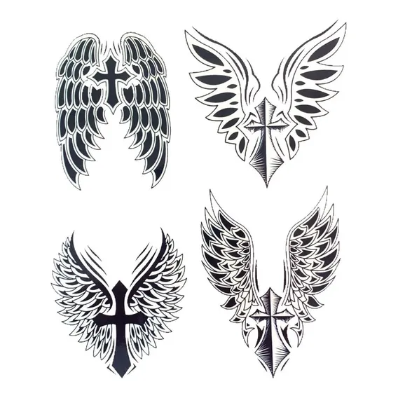 Kit Com 4 Tatuagens Temporárias Cruz Asas Nuca Removível Cor Preto Foto 1