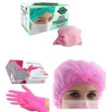 Kit Com Touca, Luva E Máscara Descartável Rosa Foto  mini 1