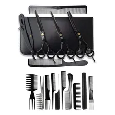 Kit Completo 3 Tesouras Cabelo Profissionais + 10 Pentes Fio Laser Fio Navalha Desfiadeira Barbeiro Profissional Cor Black Foto  mini 1