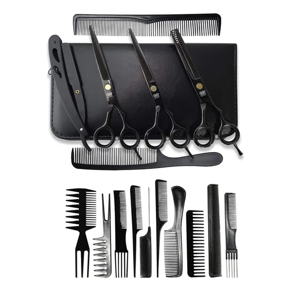 Kit Completo 3 Tesouras Cabelo Profissionais + 10 Pentes Fio Laser Fio Navalha Desfiadeira Barbeiro Profissional Cor Black Foto 1
