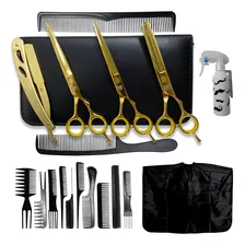 Kit Completo 3 Tesouras Cabelo Profissionais Fio Laser Fio Navalha Desfiadeira + Kit 10 Pentes + Borrifador Névoa Cor Dourado Foto mini 1