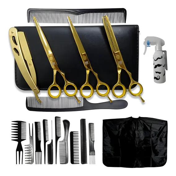 Kit Completo 3 Tesouras Cabelo Profissionais Fio Laser Fio Navalha Desfiadeira + Kit 10 Pentes + Borrifador Névoa Cor Dourado Foto 1