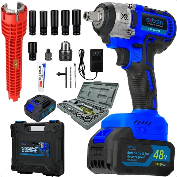 Kit Completo Parafusadeira Chave De Impacto A Bateria Profissional + Case + Chave Hidraulica + Jogo Soquete 40 Peças Foto 1