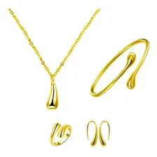 Kit Conjunto Colar Brinco Pulseira Anel Gota Dourado Foto  mini 1