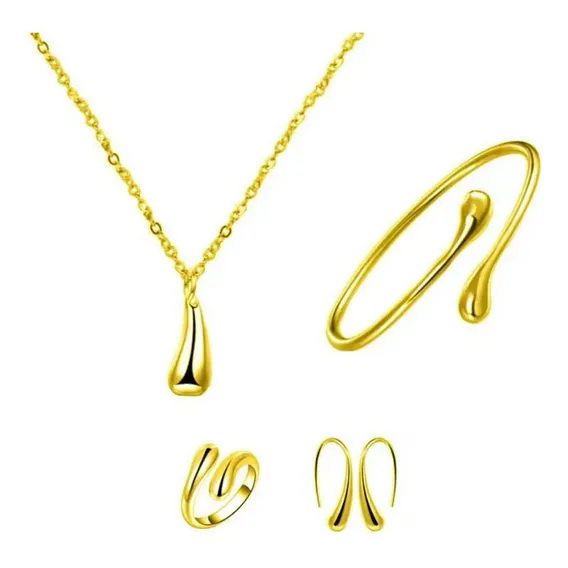 Kit Conjunto Colar Brinco Pulseira Anel Gota Dourado Foto 1