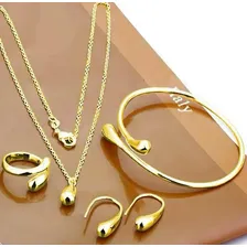 Kit Conjunto Colar Brinco Pulseira Anel Gota Dourado Foto mini  2