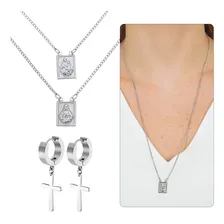Kit Conjunto Colar Escapulário Aparecida 60cm E Brinco Cruz Aço Inox 316l Cirúrgico Religioso Foto mini 1