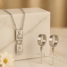 Kit Conjunto Colar Escapulário Aparecida 60cm E Brinco Cruz Aço Inox 316l Cirúrgico Religioso Foto mini 3